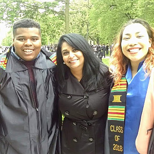 Daksha Howard has been a resource for students like Devin Anderson’18 (left) and Charlotte Mayeda’18 throughout her 21 years working at the college.