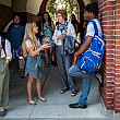 History Professor Beatrice McKenzie has a discussion with two of her students in the Morse-Ingersoll tunnel.