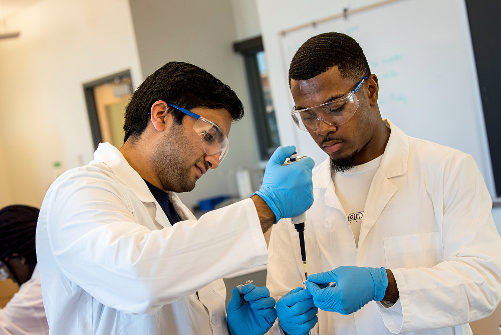 Two students working together in a chemistry lab experiment.