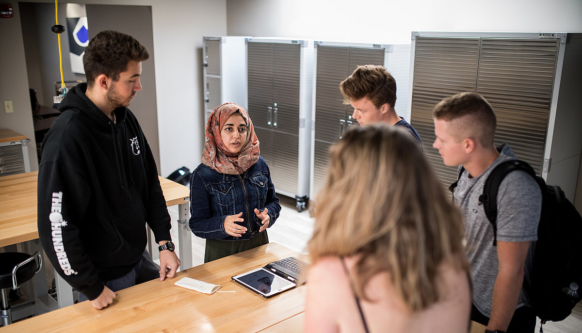 Beloit College students work together in the Maker Lab.