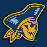 The modern Beloit College Buccaneer logo: a skull with a tricorne hat, yellow bandana, and gem earring.