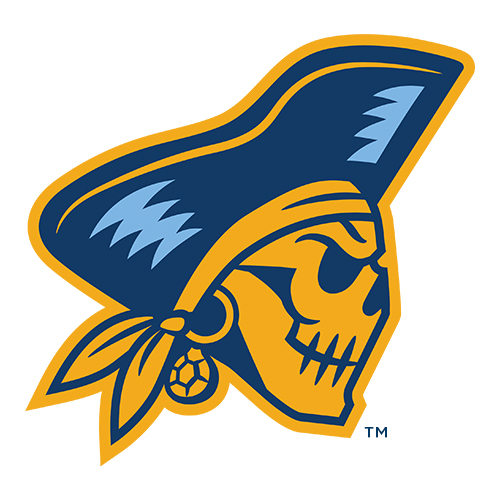 The modern Beloit College Buccaneer logo: a skull with a tricorne hat, yellow bandana, and gem earring.