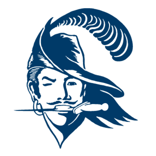 The vintage Beloit College Buccaneer logo, a sauve swashbuckler with a feathered hat and dagger in mouth.