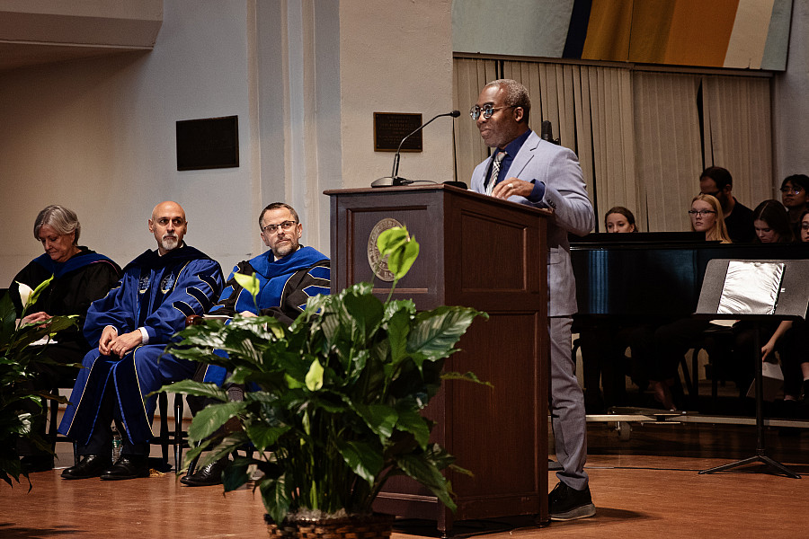 Pastor Coliér McNair opens the Inauguration ceremony by leading everyone in a prayer.