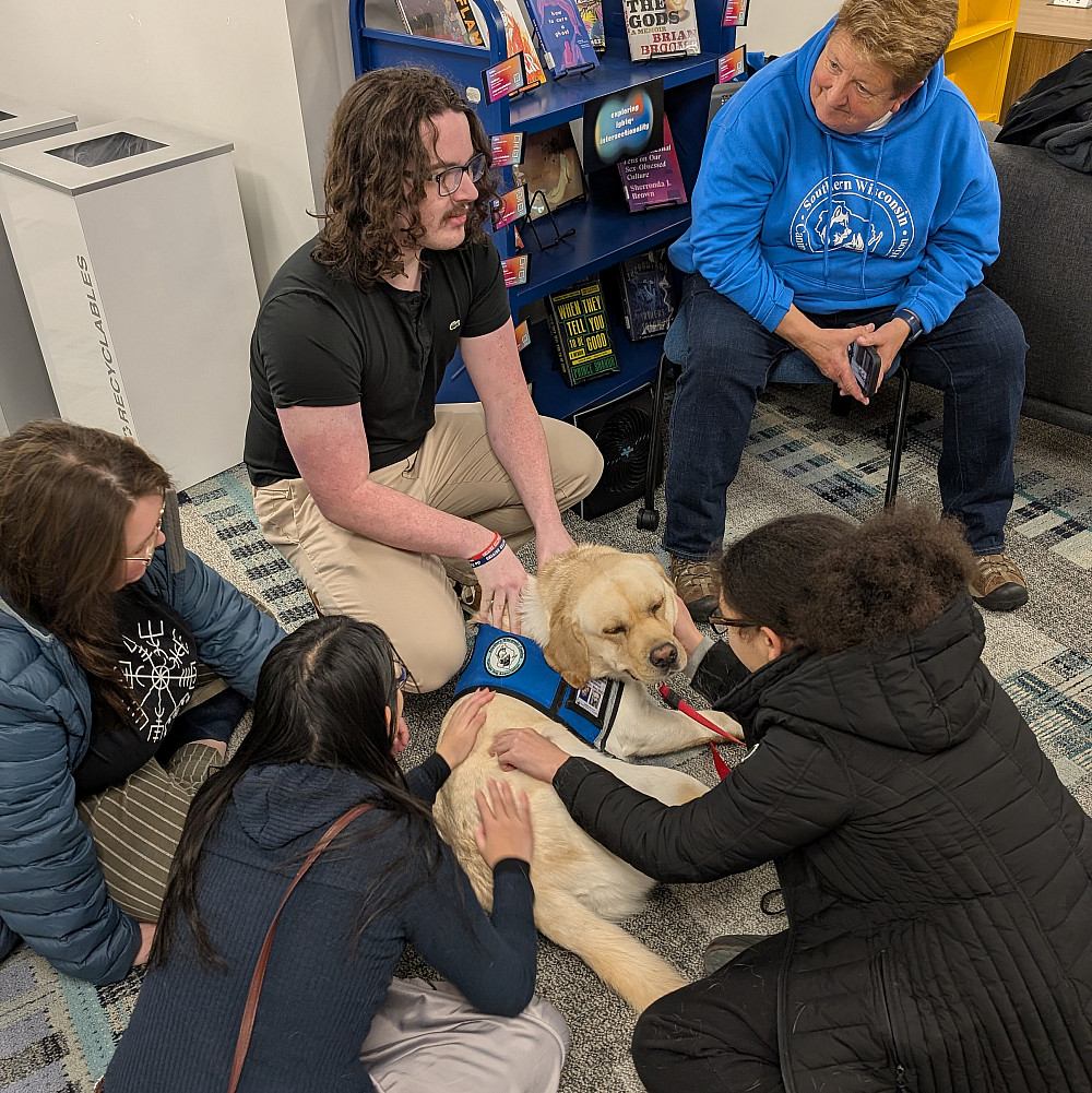 PXL 20241205 211806851 Photo of students petting therapy dog Murphy in the library.