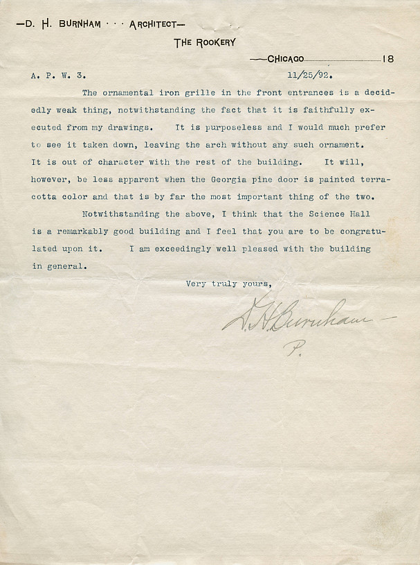 Daniel H. Burnham's letter on Pearsons Hall