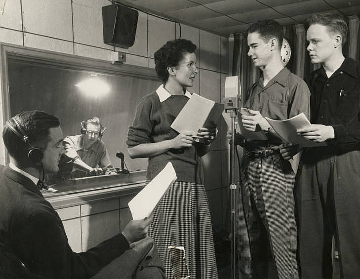 Getting an early start on podcasting, these Beloit students started with performing radio drama in the 1950s.