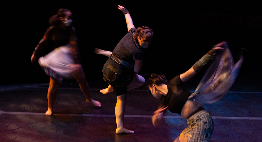 Kelli Badgley'22, at center, performs in Shedding, a dance choreographed by Professor of Dance Chris Johnson and performed at Chelon...