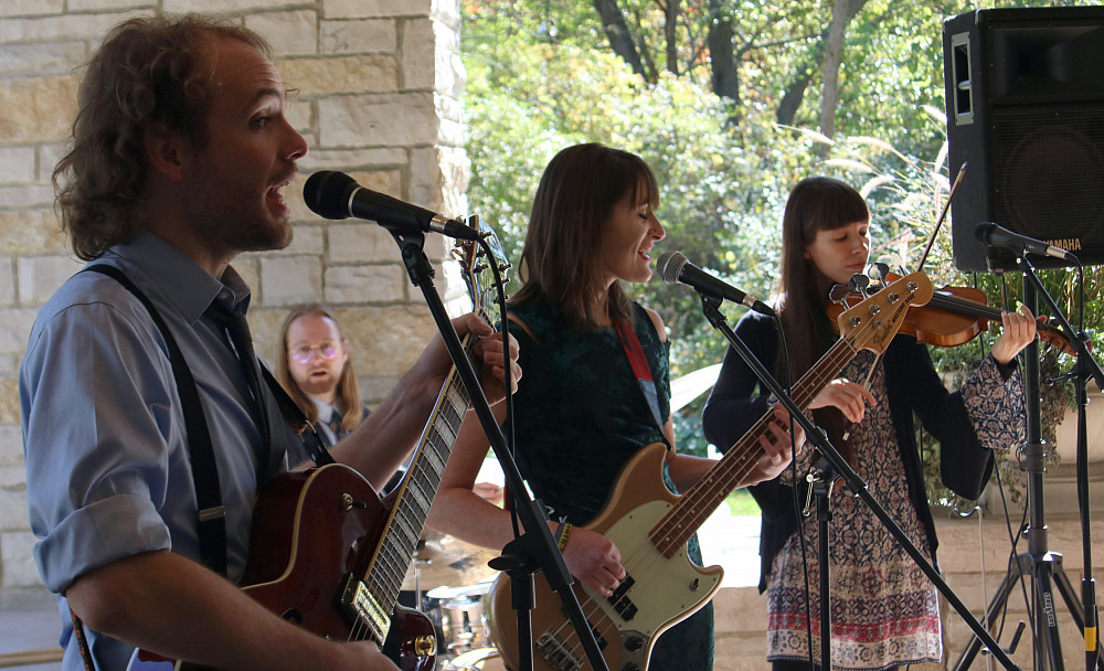 The members of Honey Cellar performing: Danny Connolly'17, Catherine Krol'17, Lucy Holden'16, & Joey Buttlar (on drums).