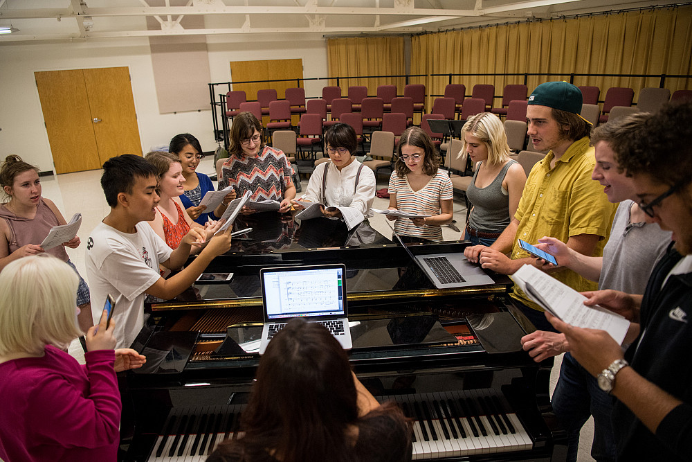 Students explore music in and out of the classroom. Bits & Pieces, Beloit's a cappella group, rehearses in the Hendrick...