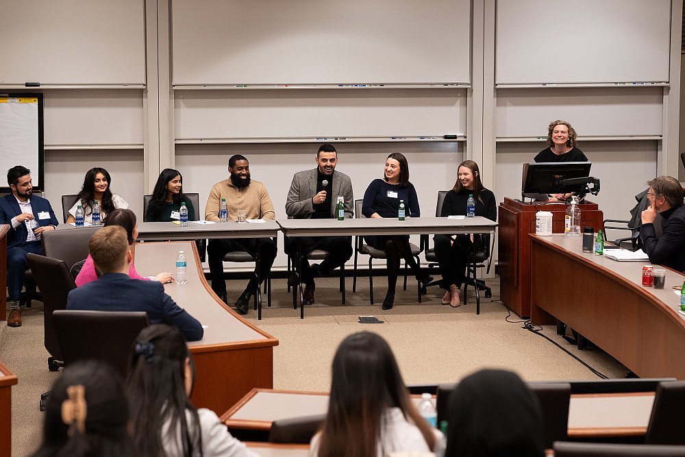 A panel of six recent graduates talks to students during the 2024 Business Networking Summit.