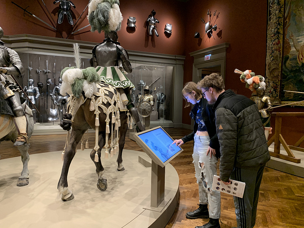 Beloit students in a Medieval Mediterranean History course check out the Art Institute's collection of medieval armor.