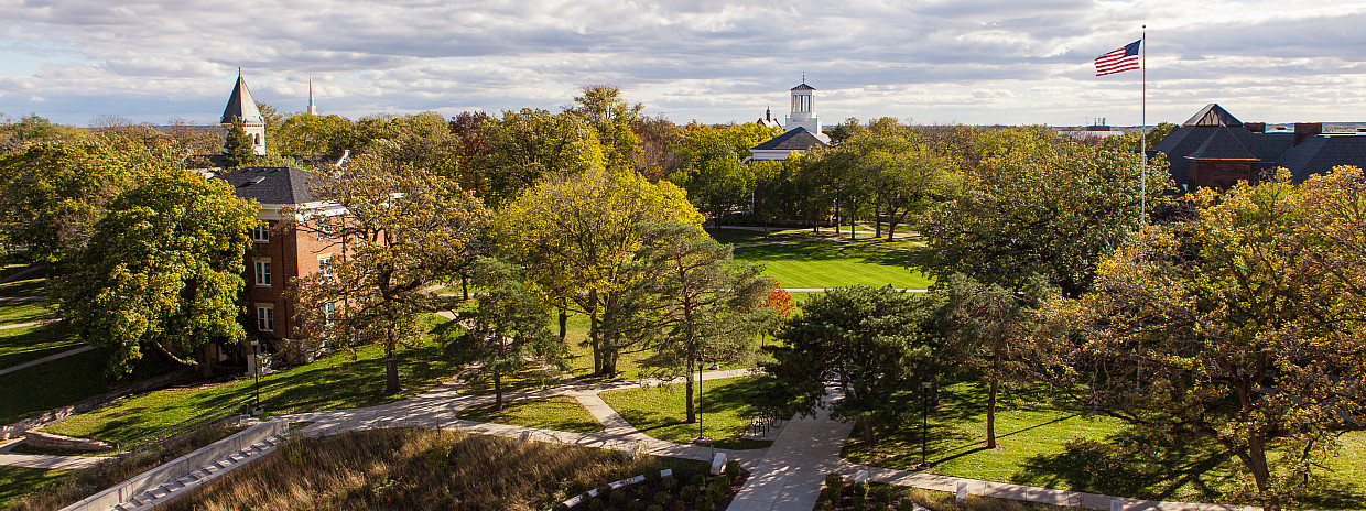 A view from the rooftop of the Sanger Center for the Sciences shows a park-like Beloit College campus.