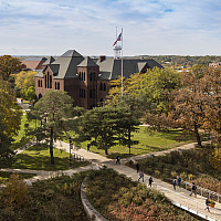 A glorious fall view of Pearsons Hall from the green roof of the Sanger Center for the Sciences.