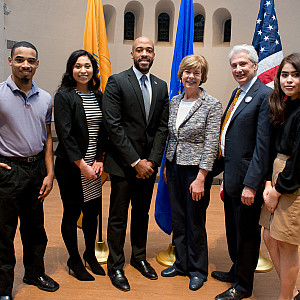 From left:Ellis Jordan Lewis ’20,Isabel Mae Mendoza ’22, Lieutenant Governor Mandela Barnes, U.S. Senator for Wisconsin Tammy Baldwin, Beloit College President Scott Bierman and Beloit Memorial Senior Kaylyn Vences.
