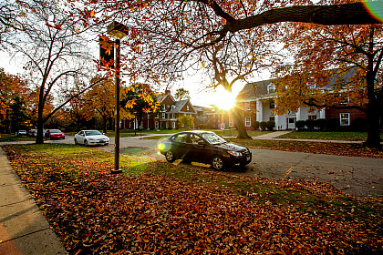 Fall colors outside the Greek houses on College Street of Beloit College campus.