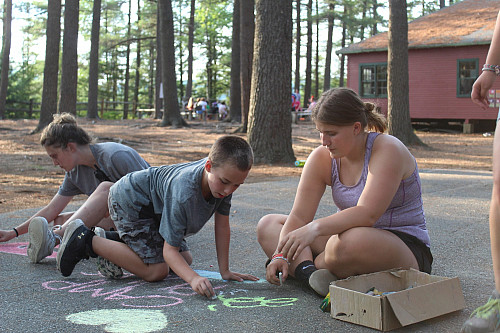 People drawing on ground with green chalk.