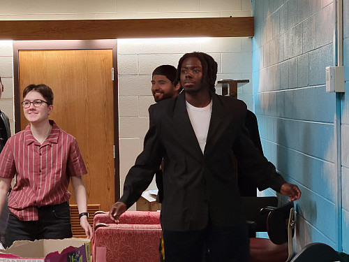 José and Jace taking direction from Rehearsal for Murder's director, Amy Sarno.
