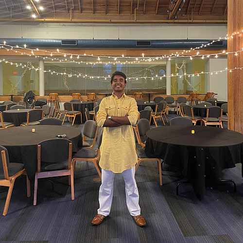 Antariksh Sharma'23 poses in Moore Lounge, Pearsons Hall prior to the Diwali celebration.