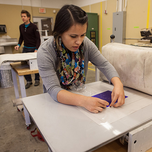 Student working in the Printmaking Studio in the Wright Museum of Art.
