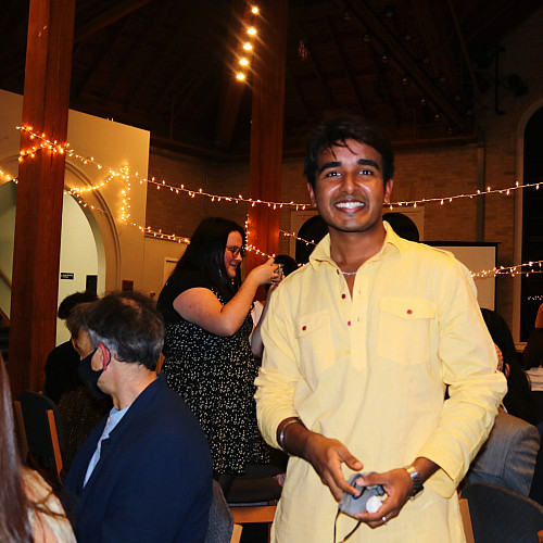 Antariksh Sharma'23 celebrating Diwali with students on campus.