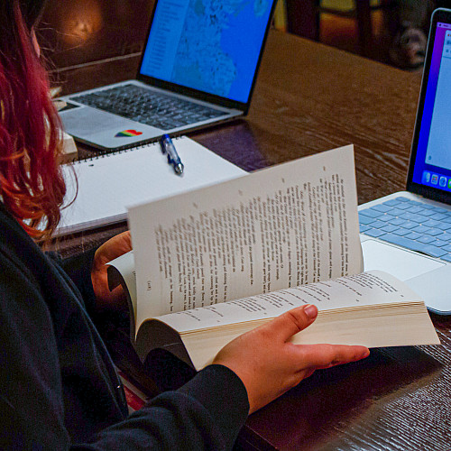 A student reading Joyce's Ulysses in Shawn Gillen's class.