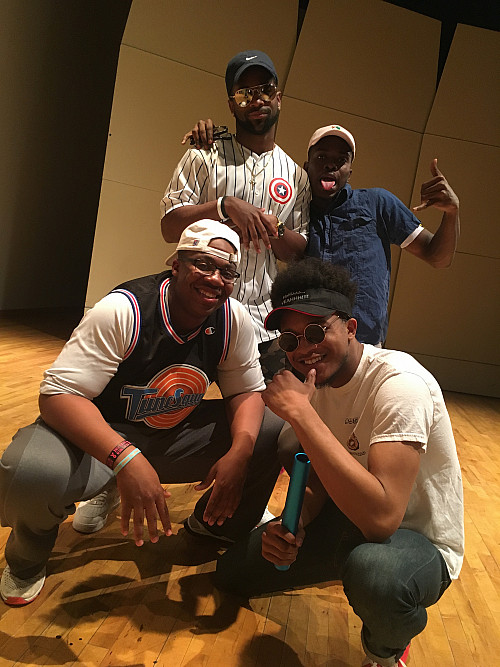 MJ (bottom left) with close friends Jason Dormon'19, Tyree Smith'19, and Courtney Bingham'19 before a campus lip-sync battle.