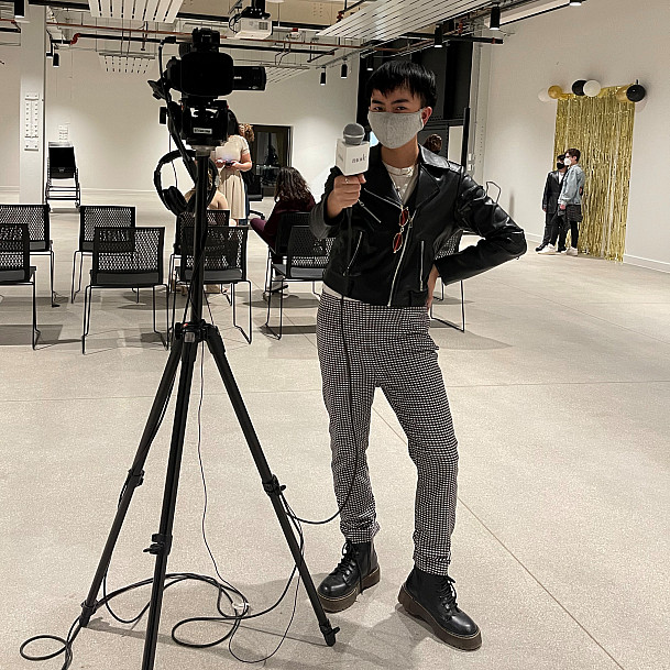 Before the campus fashion show, Gatter assembled his gear to interview fellow fashionistas.