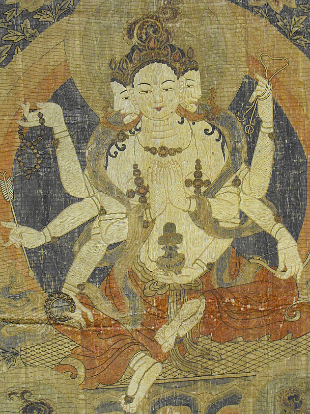 The Ushnishavidjaya thangka is a large silk embroidered Buddhist icon dating back to the 18th cen...