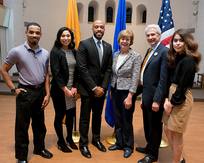 From left:Ellis Jordan Lewis '20,Isabel Mae Mendoza '22, Lieutenant Governor Mandela Barnes, U.S. Senator for Wisconsin Tammy Baldwin, Be...