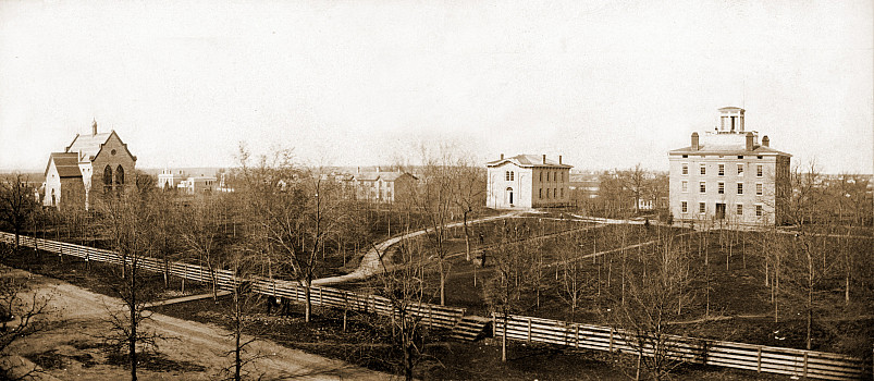 Beloit College campus in 1873. From left are Memorial Hall, South College, and Middle College.