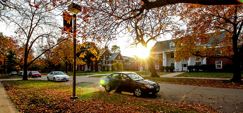 Fall leaves add color to the sororities and fraternities houses along College Street on the Beloit College campus.
