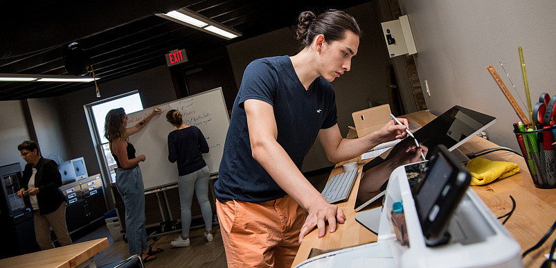 Beloit students explore their own entrepreneurial skills in the Makers Lab at the Center for Entr...