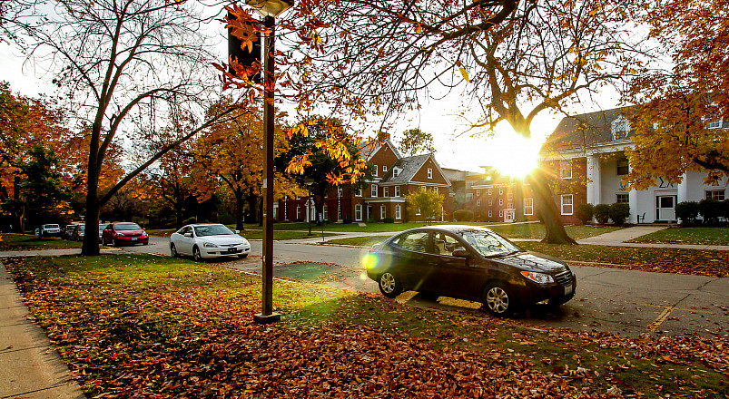 Fall colors outside the Greek houses on College Street of Beloit College campus.