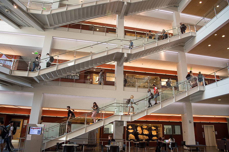 Beloit College students change classes in the Sanger Center for the Sciences atrium.