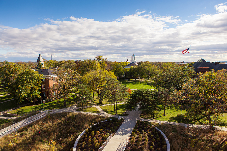 A view from the rooftop of the Sanger Center for the Sciences shows a park-like Beloit College campus.