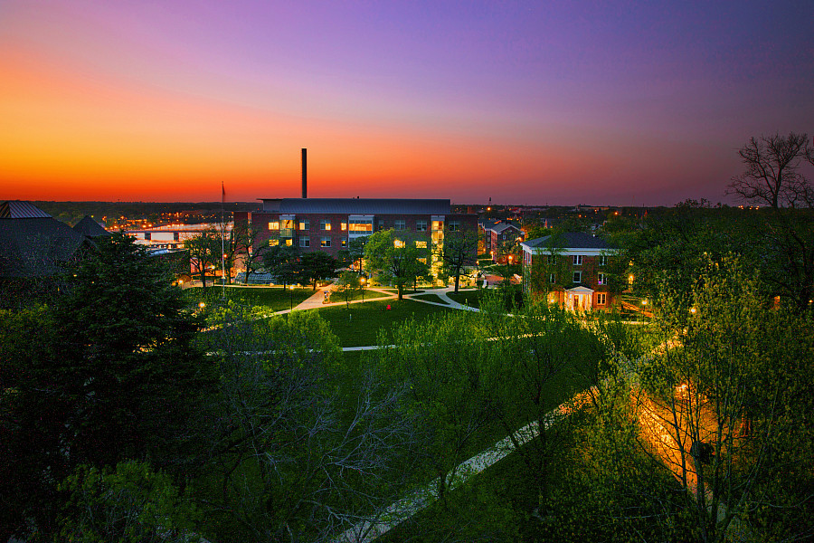 Looking North towards the Sanger Center for the Sciences in a Spring evening.