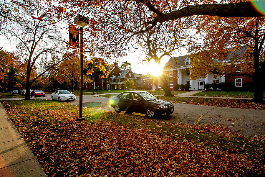 Fall colors outside the Greek houses on College Street of Beloit College campus.