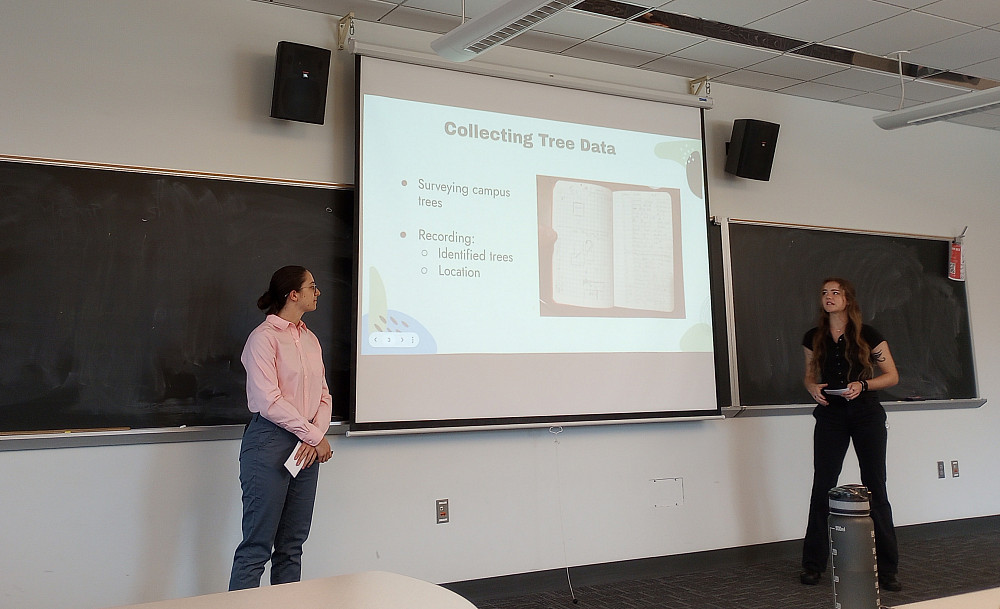 two students standing in the front of the room presenting slides