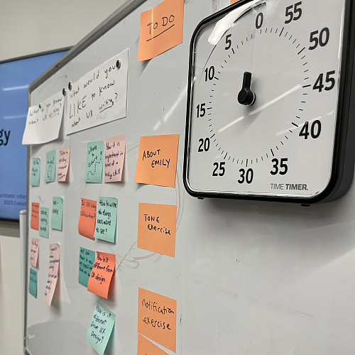 A whiteboard is covered with sticky notes and a timer.