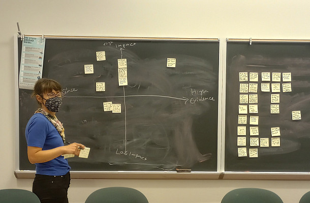 a woman stands in front of a chalk board covered in post-it notes