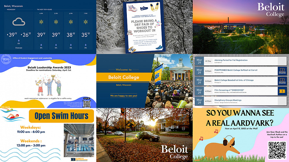 An array of potential items that can appear on campus digital signage, including welcomes, weather, images, events, and video.