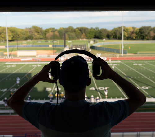 JT Toepfer'23 gets ready to call one of the Buccaneers' football games.