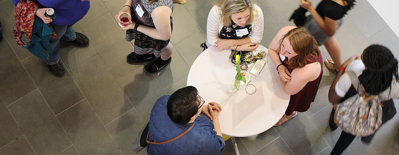 Networking event at the Sanger Center for the Sciences atrium.