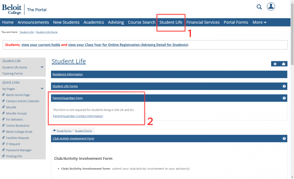 A screenshot of the Portal, showing how to access the parent and guardian update form under Student Life.