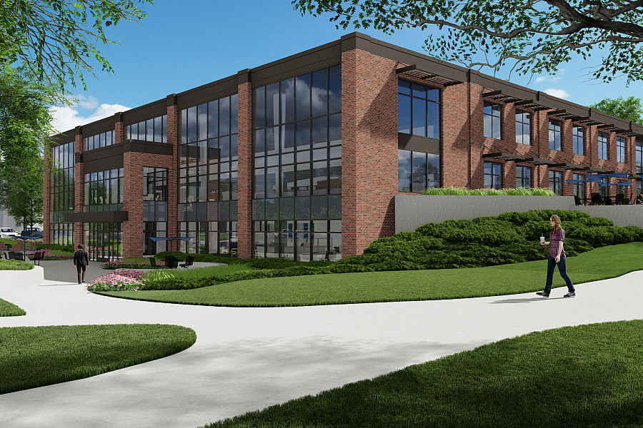 A rendering of a renovated library with an additional library entrance planned for the north side of the ground floor.