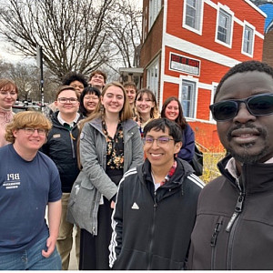 Dr. Gana Ndiaye and Logan Museum Assistant Curator Leeann Ream touring the Pilsen Neighborhood with students from ANTH 275 Global Cities.