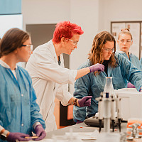 Professor Rachel Bergstrom leads a cell biology lab session.
