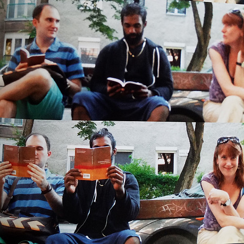 Alen Keric and Athi Selvendran sit with Amy Sarno on a bench in Budapest. Sarno asks, Have you finished your reading assignmen...