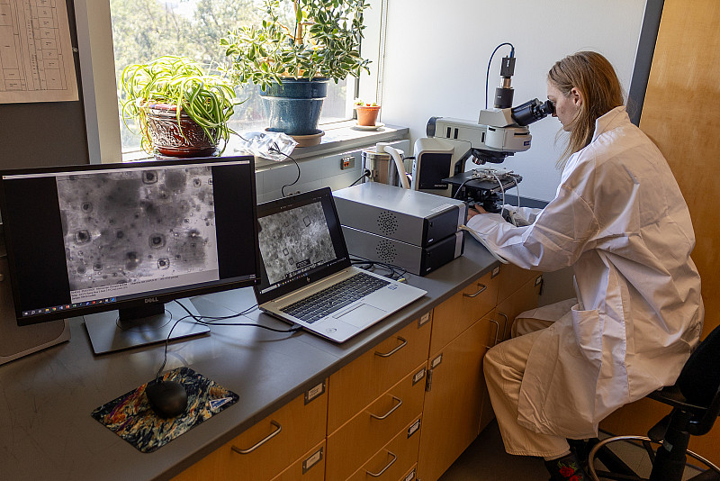 A student using an advanced optical microscope.